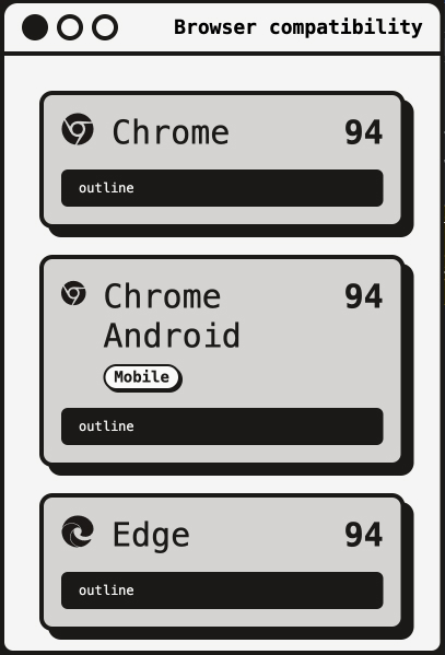 Browser support extension popup in an old macos UI style showing the first browsers (Chrome, Chrome Android, Edge) support minimal version and constraining property.