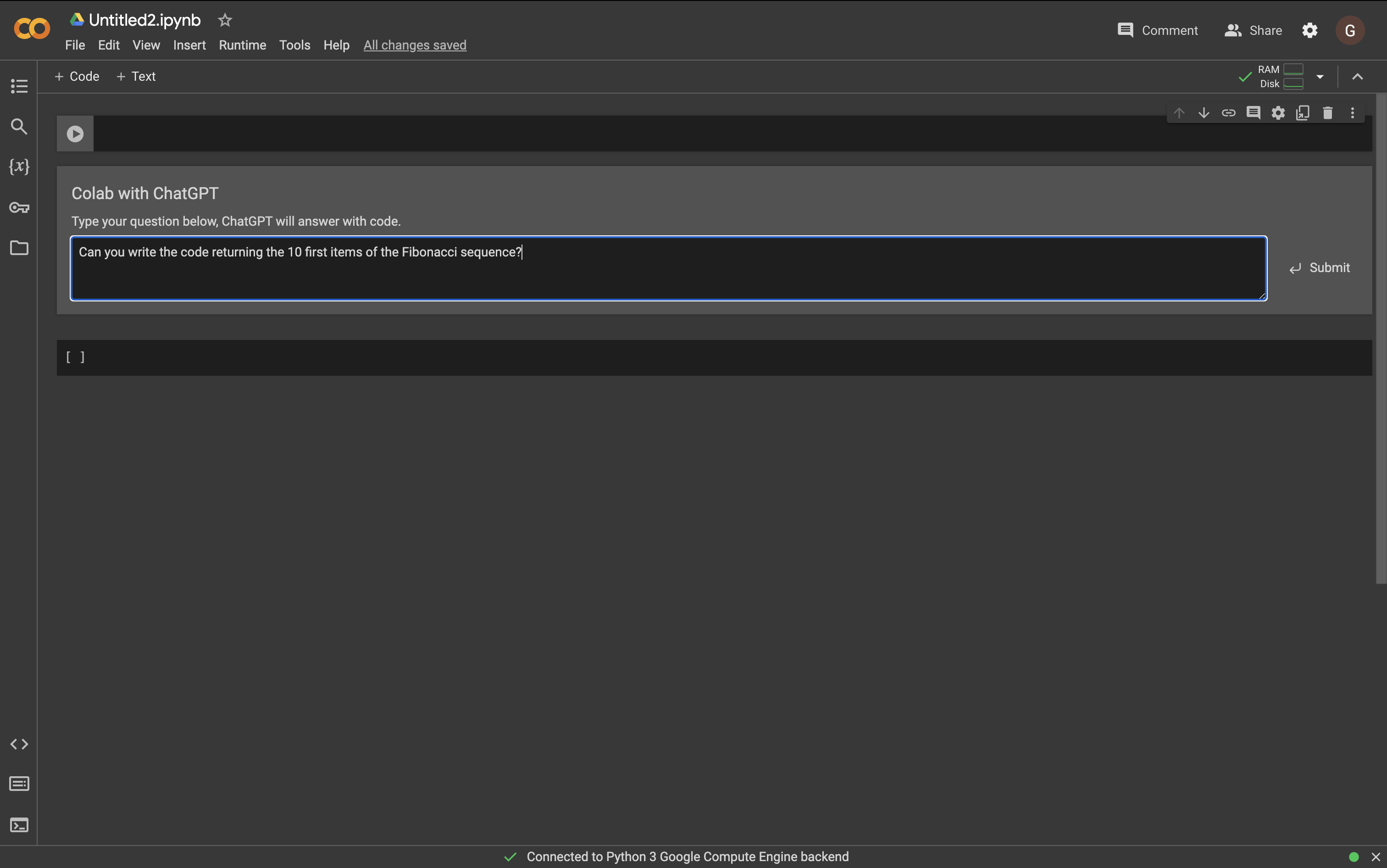 a Google colab notebook with the chatgpt prompt input integrated in the cell