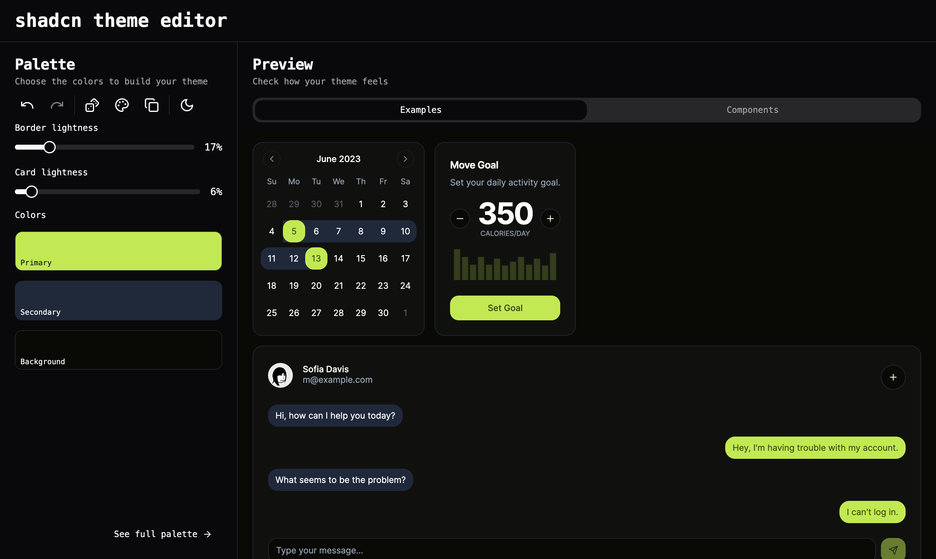 theme creator panel on the left and components preview on the right