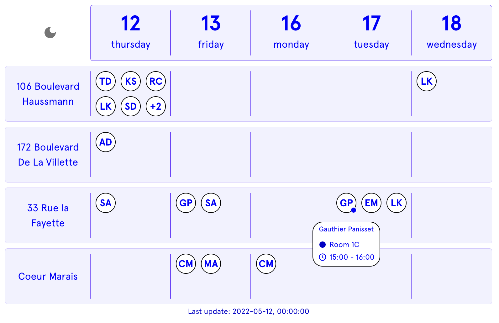 Light mode WeWork team calendar from 2022-05-12 to 2022-05-18 showing the reservations of 4 buildings in Paris. The mouse hovers one of them, which displays a tooltip with the full name of the user, the name of registered room and the reservation period.